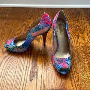 Rachel Roy graffiti peeptoe pumps.